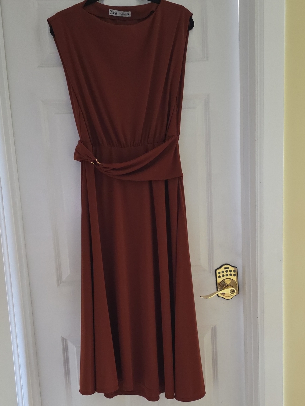 ZARA Rust Midi Dress with Draped Waist Detail